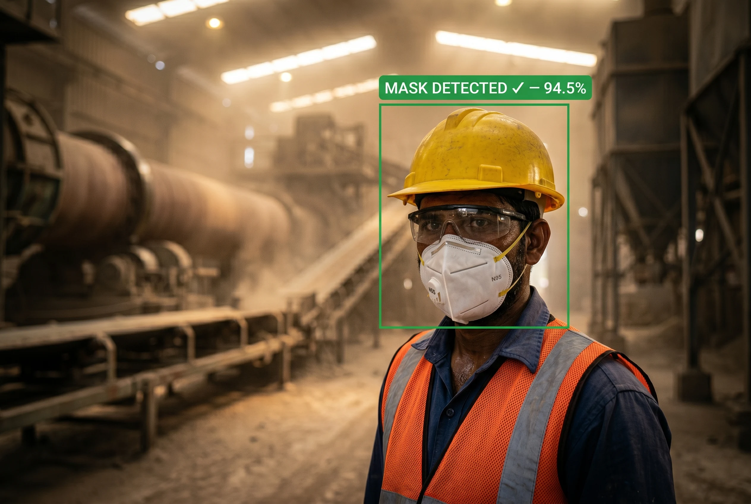 AI detecting face mask and respirator on a worker